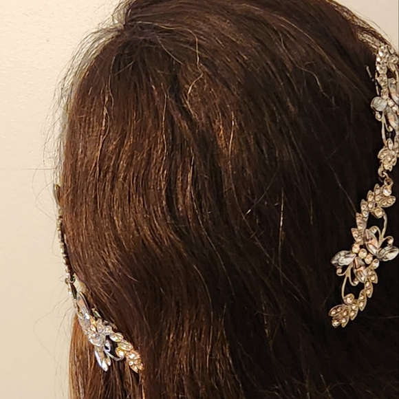 6" Women Bridal Cubic Zirconia Hair Clip x2, Silver Floral Barette, Wedding - Picture 10 of 12